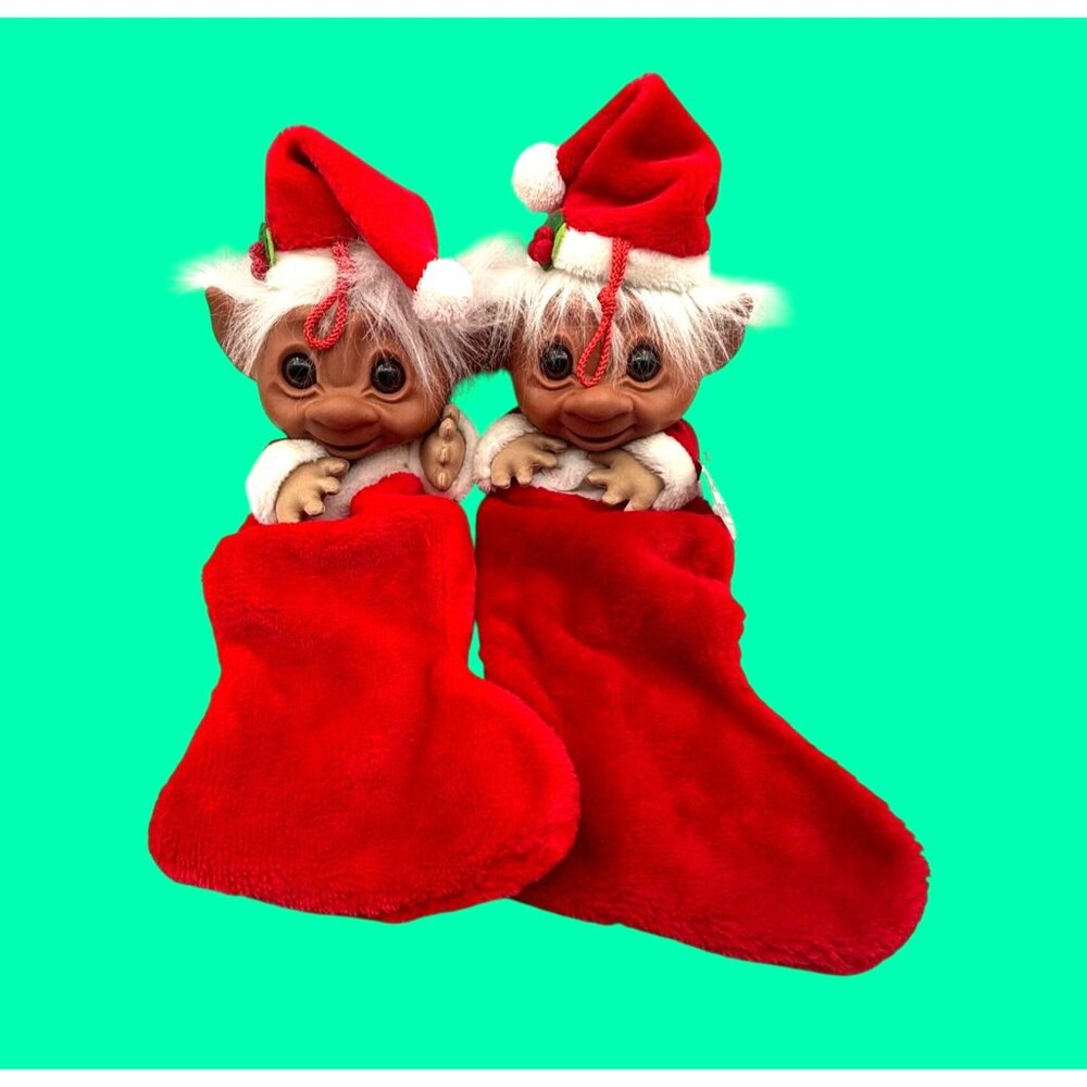 Set of 2 New Dam Troll Elf Dolls in Red Christmas Stockings 26" — One Tagged